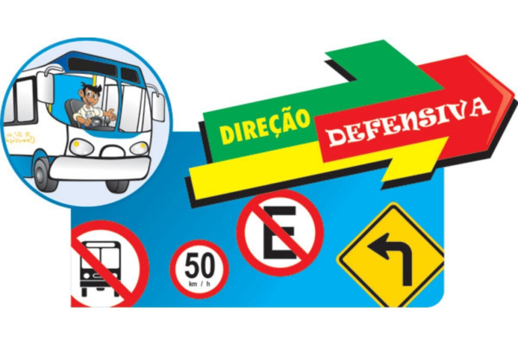 Defensive driving signs with cartoon bus driver.