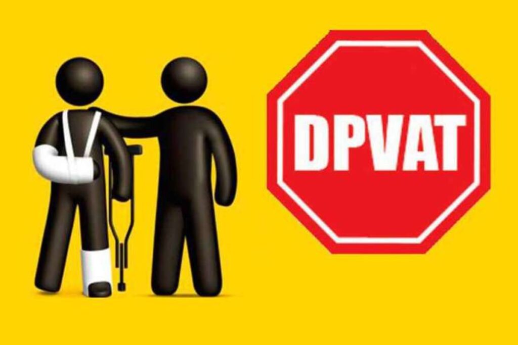 Injured figure with crutches. DPVAT insurance.