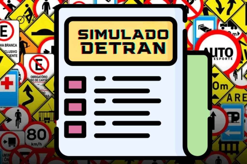 Simulado DETRAN com sinais de trânsito ao fundo.